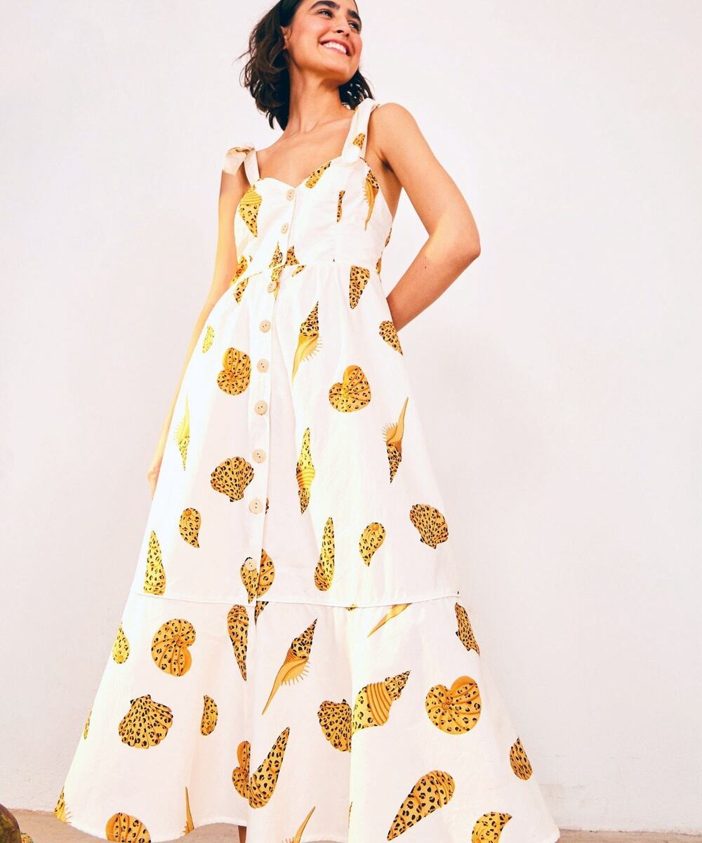 Farm Rio Maxi Dress White Tan Tiger Shell Print Daytime Sundress ~ M